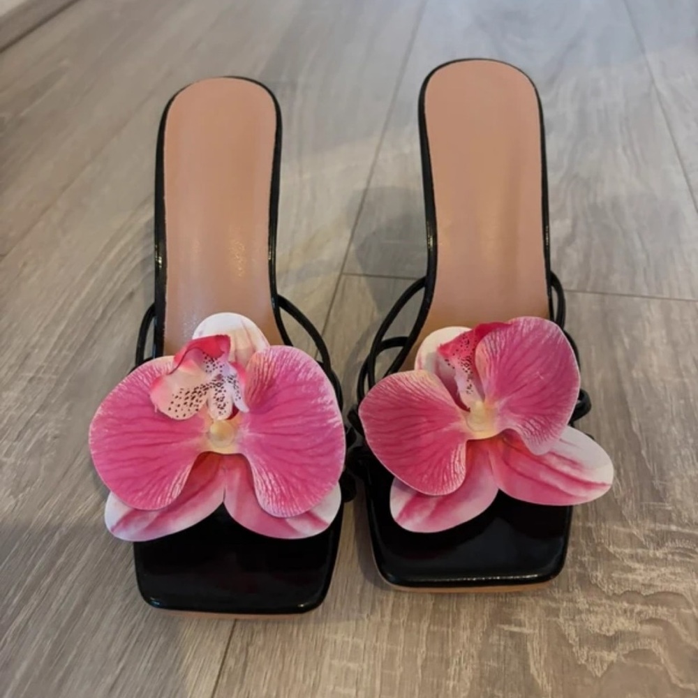 SHEIN Black Heels with Pink Floral Accent